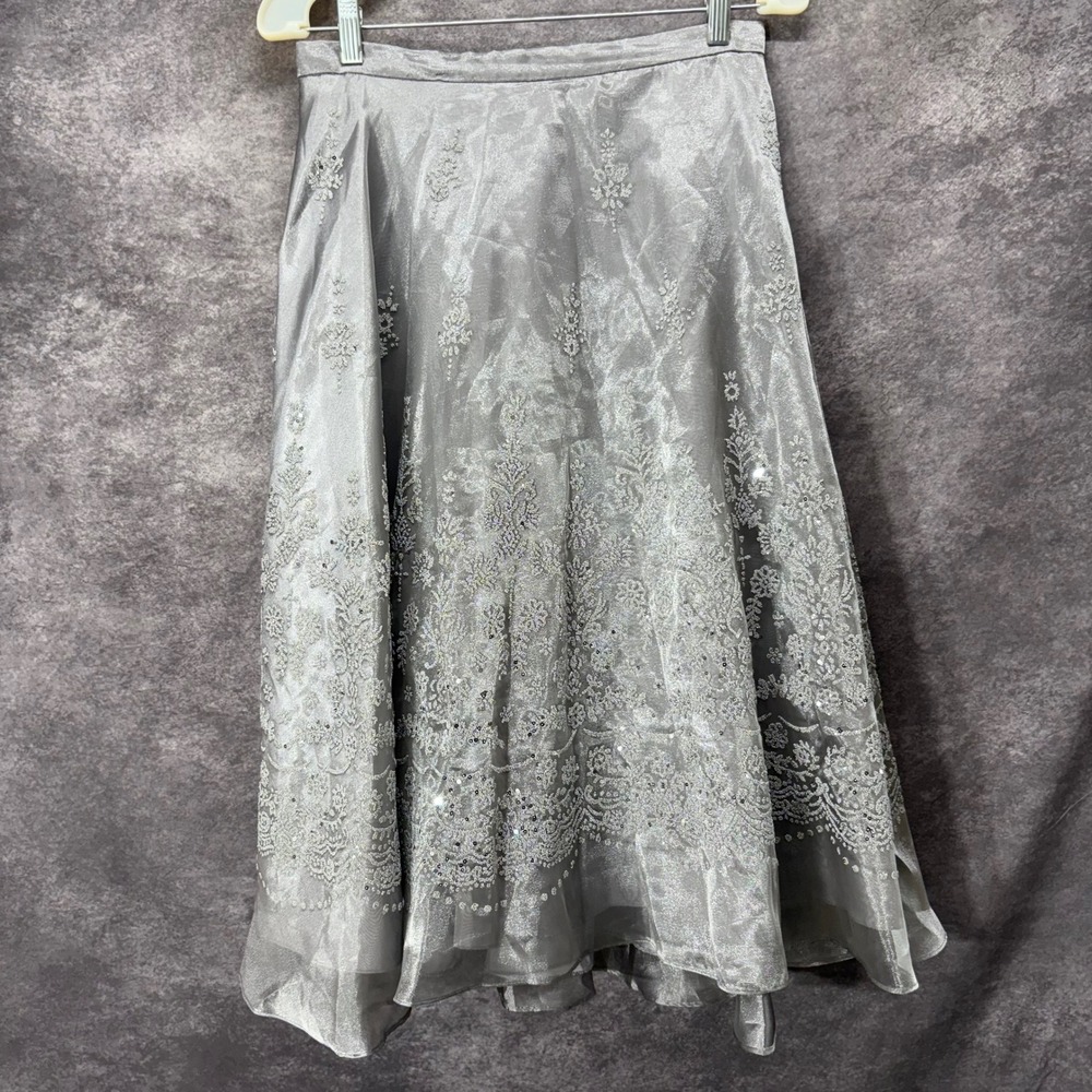 VTG Y2K Cachet Silver Sequin Floral A-Line Midi Skirt Sz M Glitter Fairy Dainty